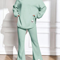 Letter Patched Drop Shoulder Hoodie & Flare Leg Pants-Mint Green