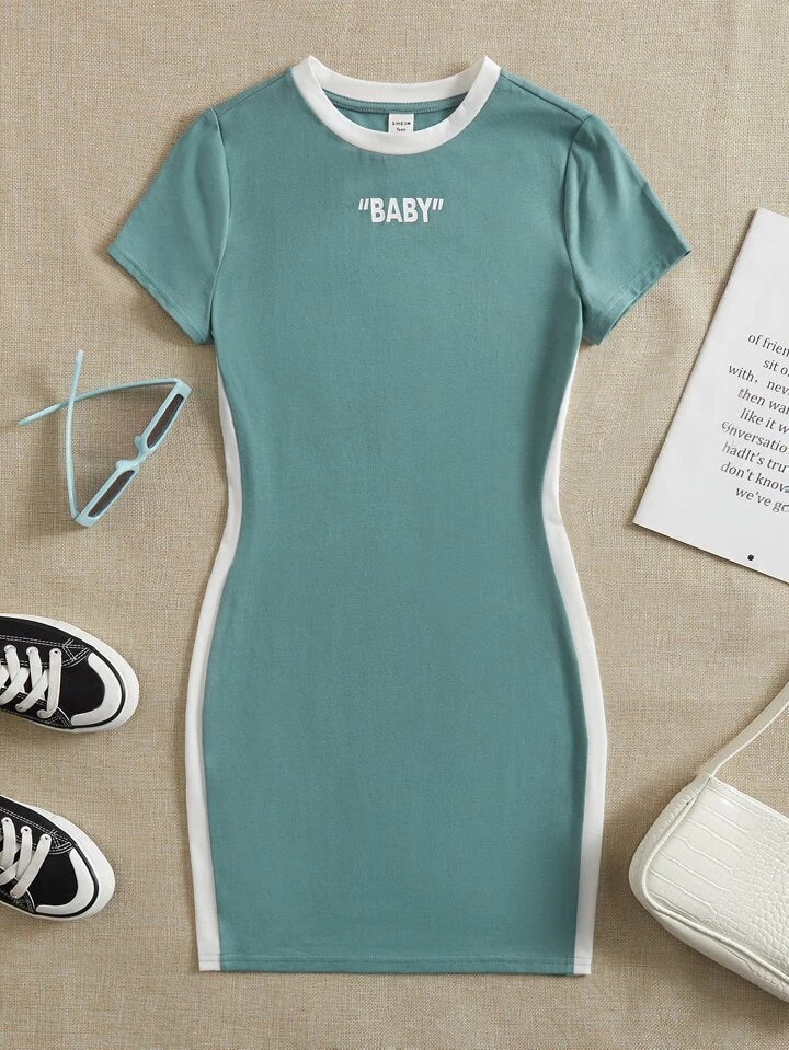 Letter Graphic Contrast Side Seam Dress_Mint Green