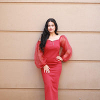Mesh Sleeves Dress _ Maroon