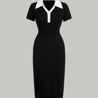 SOLID HALF SLEEVE BODYCON RIBBED DRESS _Black