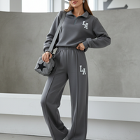Collar Zip Letter Graphic Sweat & Flare Leg Pants-Grey