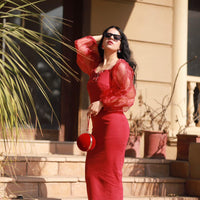 Mesh Sleeves Dress _ Maroon