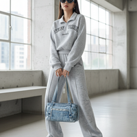 Collar Zip Letter Graphic Sweat & Flare Leg Pants-Grey