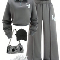 Collar Zip Letter Graphic Sweat & Flare Leg Pants-Grey