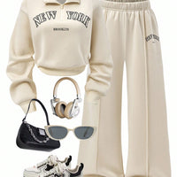 Collar Zip Letter Graphic Sweat & Flare Leg Pants-Cream White