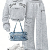 Collar Zip Letter Graphic Sweat & Flare Leg Pants-Grey