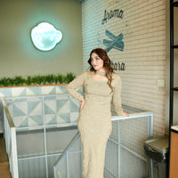 Cut Neck Dress with Pearls - Grey