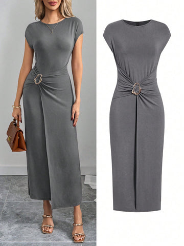 Metal Button Pleated Dress_Grey