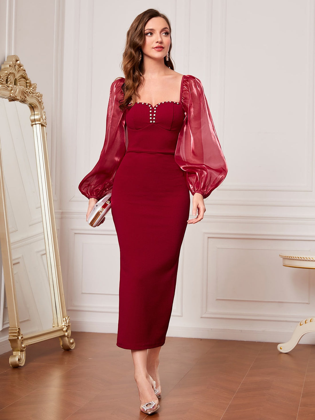 Mesh Lantern Sleeve Split Back Bodycon Dress_Maroon