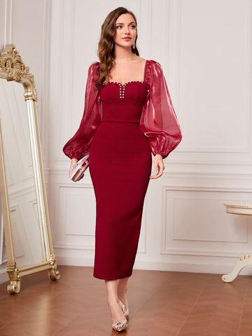 Mesh Lantern Sleeve Split Back Bodycon Dress_Maroon