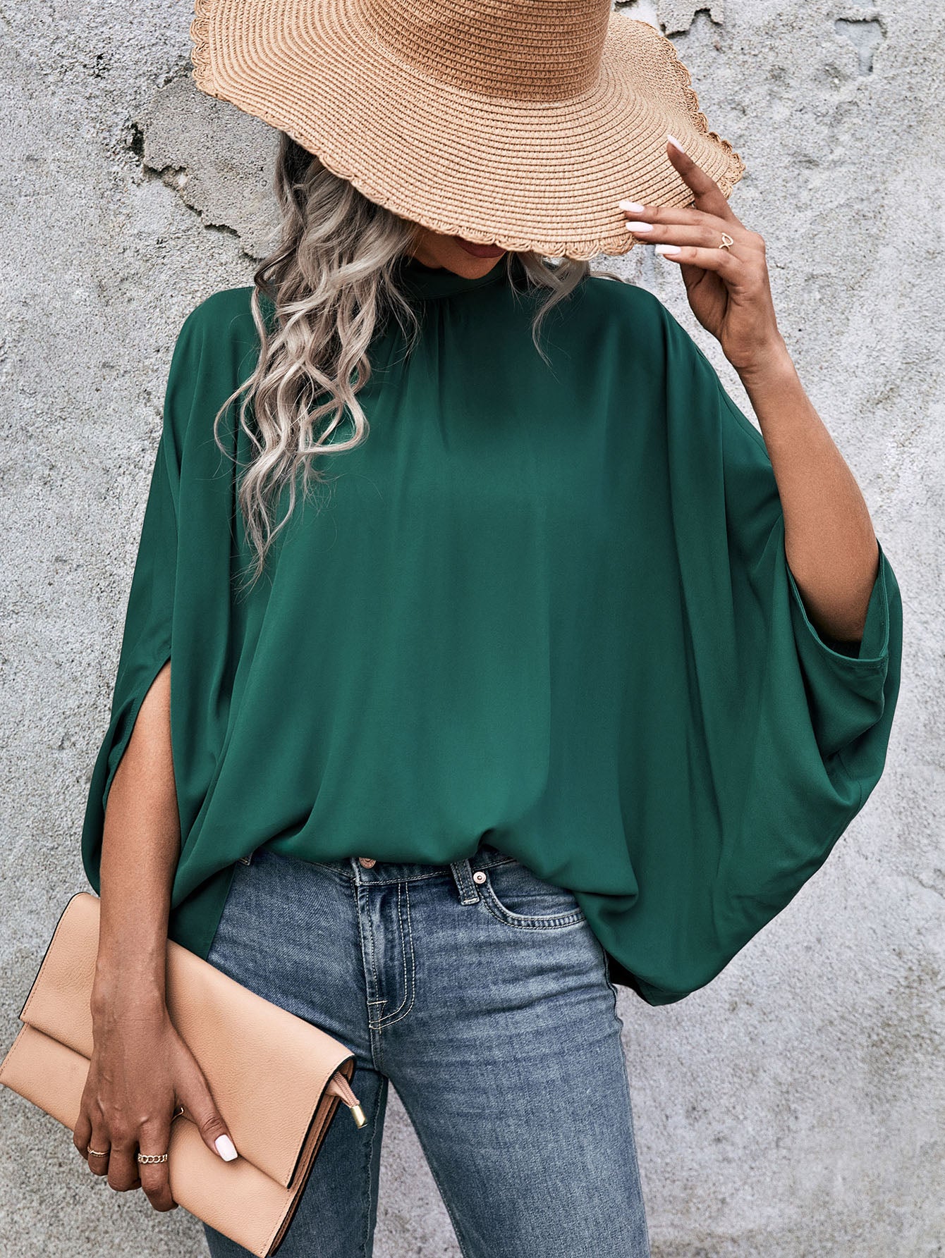 Clasi Solid Batwing Sleeve Tie Blouse_Green
