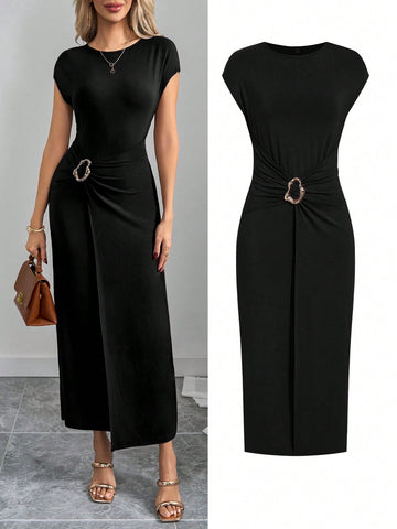Metal Button Pleated Dress_Black