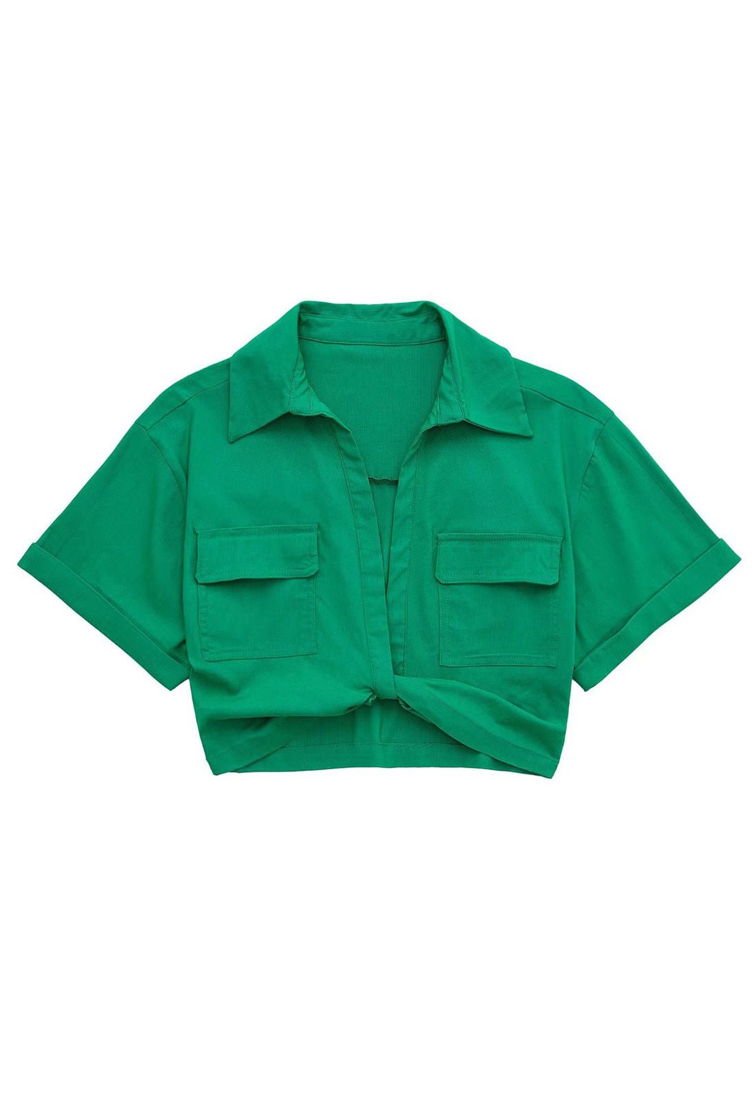 FRONT TIE FLAP POCKET CROP SHIRT _Green