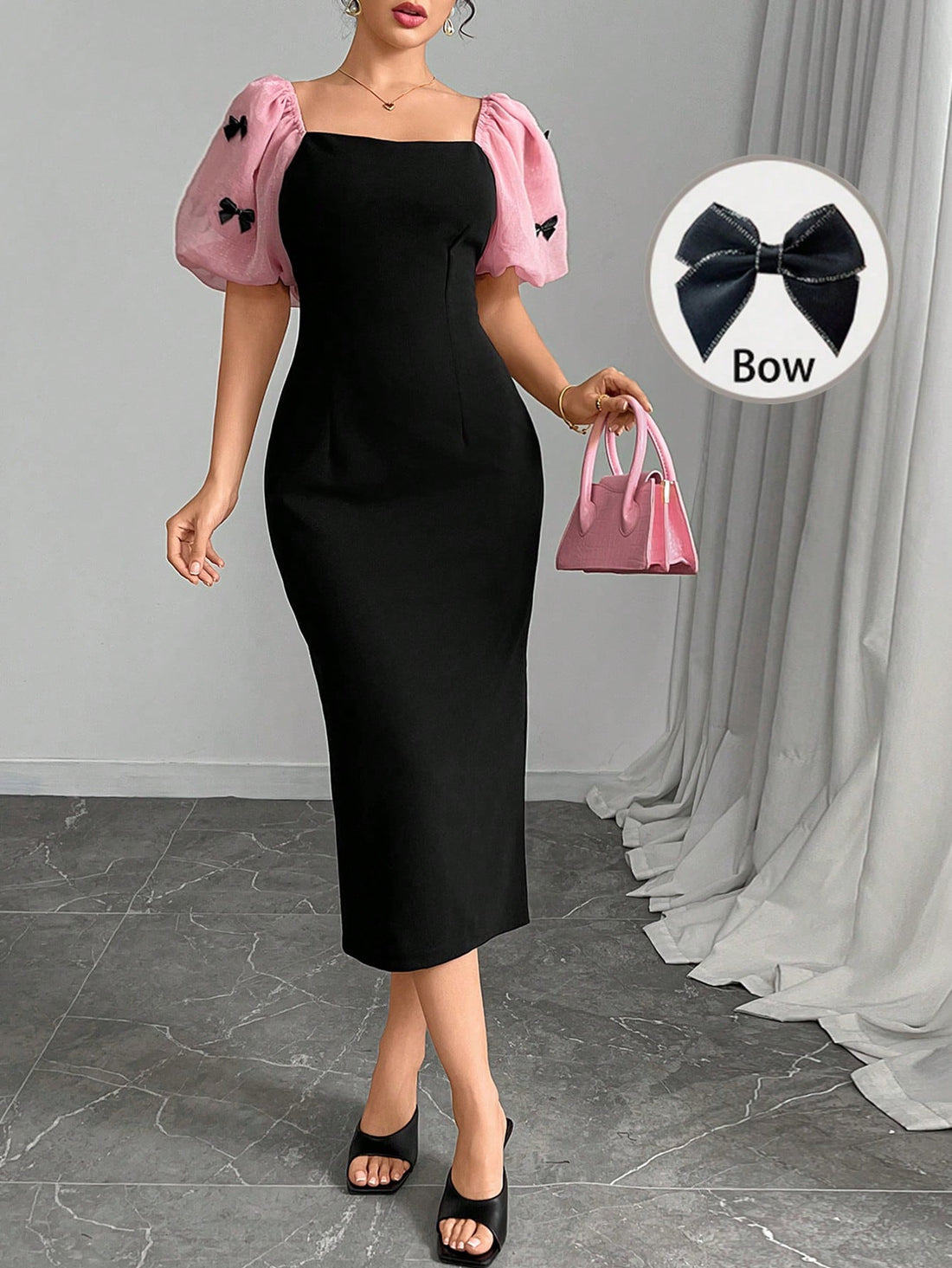 Puff Sleeves Dress _Black/pink
