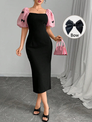 Puff Sleeves Dress _Black/pink