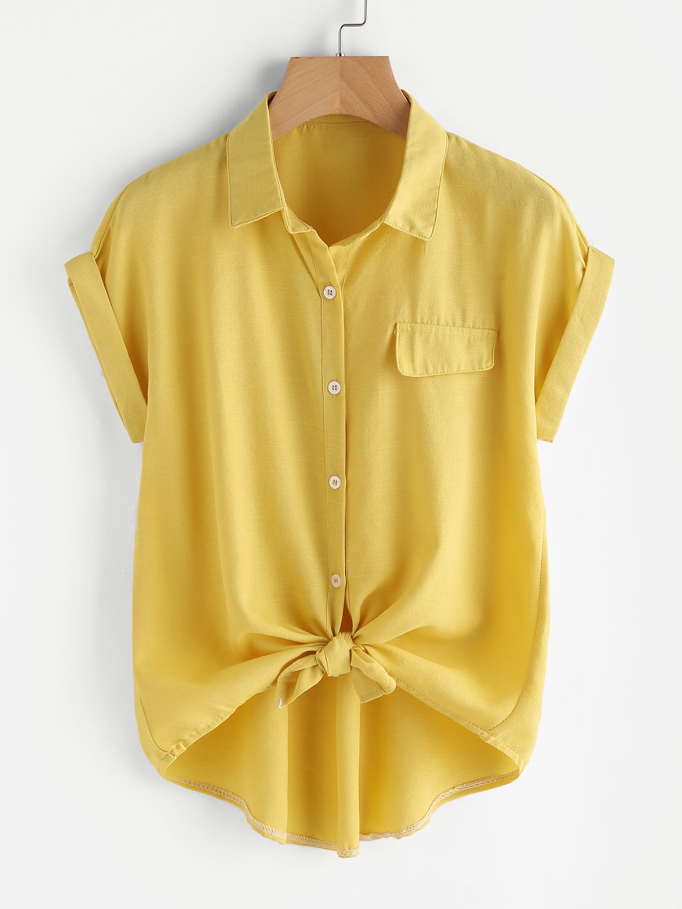 Knotted Self-Tie Button-Front Shirt_Mint Yellow