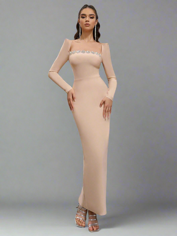 Crystal Embellish  Neck Dress_Skin