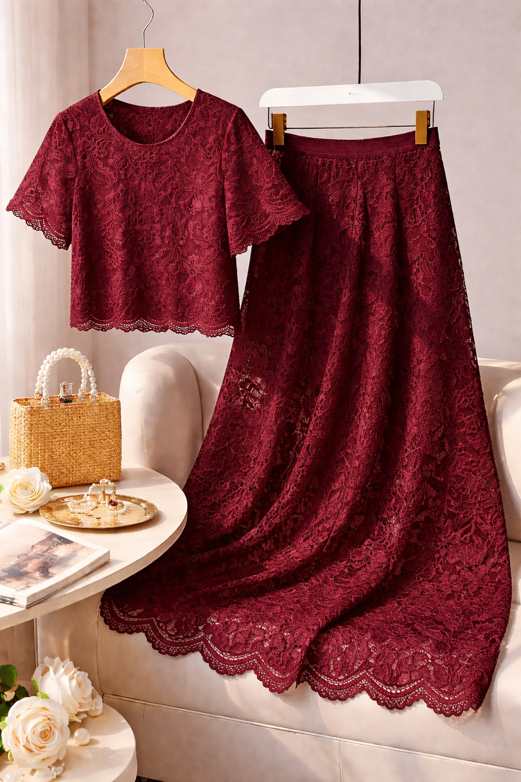 Lace Net Top with Lace Net Skirt_ Maroon
