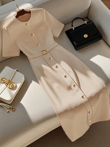 Front Button Dress_Beige