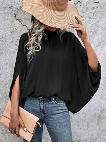 Clasi Solid Batwing Sleeve Tie Blouse_Black