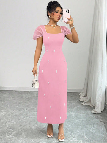 Square Neck Dress With Pearls _Pink