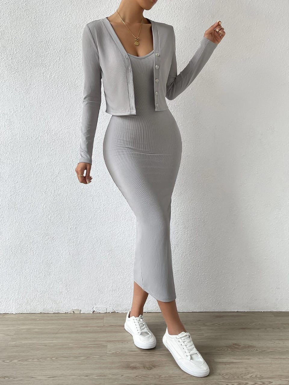 RIBBED BUTTON FRONT TOP & SPLIT THIGH BODYCON DRESS _ Grey