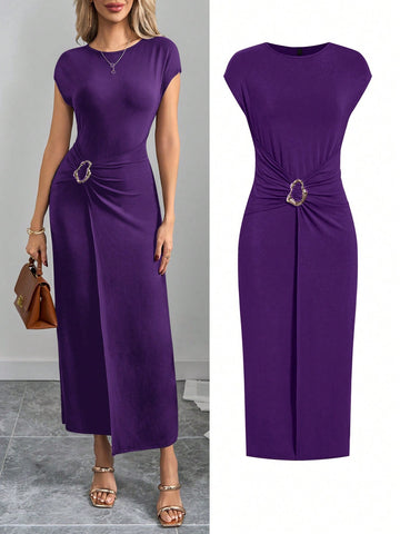 Metal Button Pleated Dress_Purple