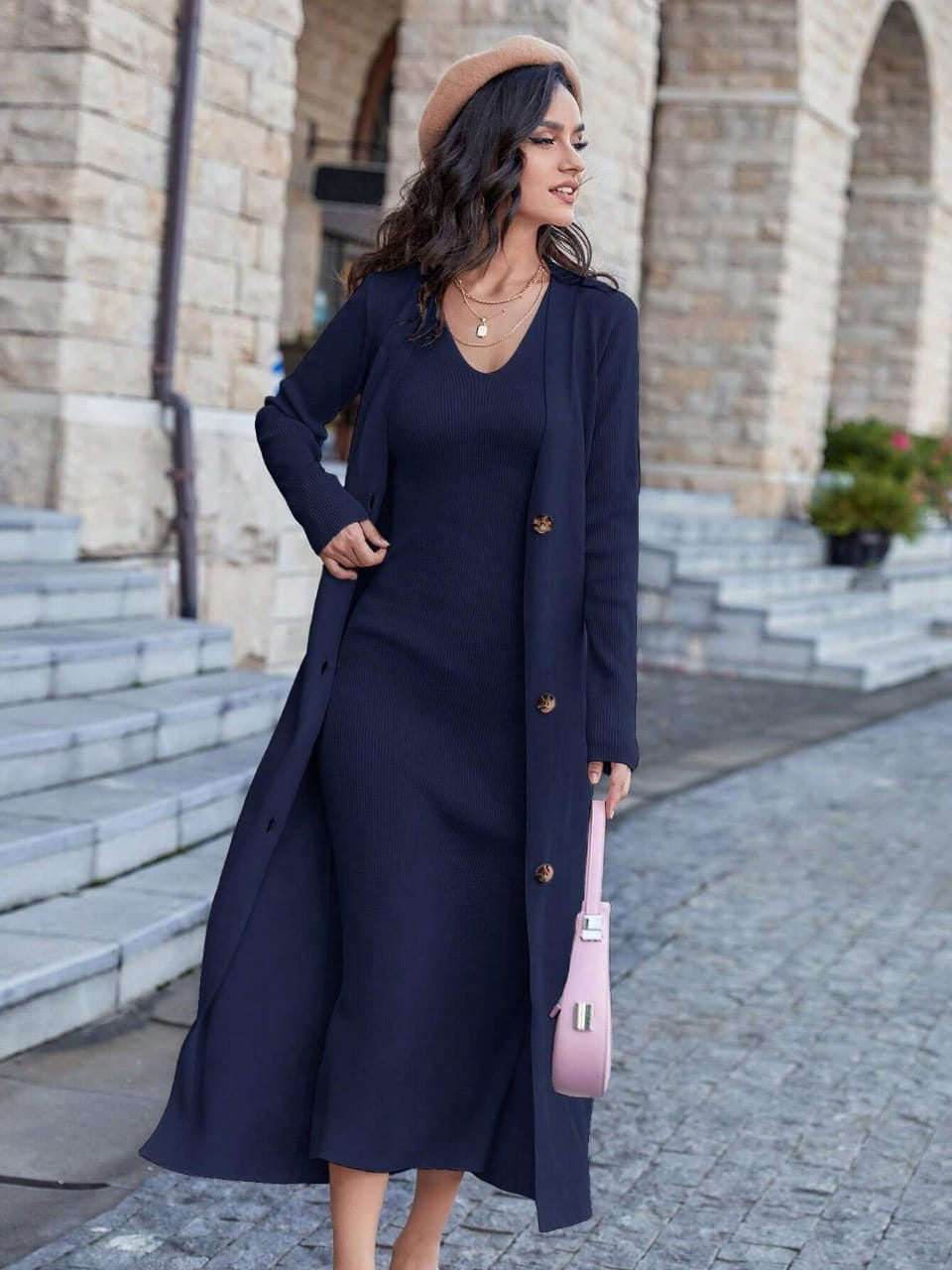 MODELY SOLID SLEEVELESS SWEATER DRESS & BUTTON FRONT CARDIGAN - NAVY BLUE