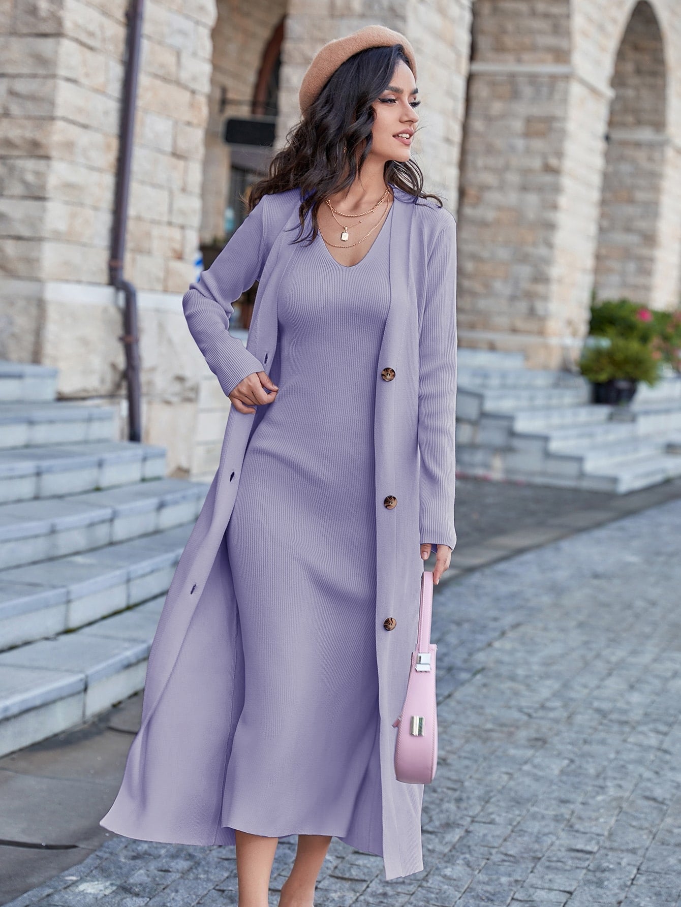 MODELY SOLID SLEEVELESS SWEATER DRESS & BUTTON FRONT CARDIGAN - LILAC