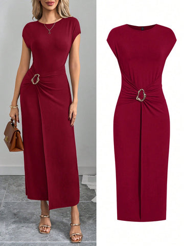Metal Button Pleated Dress_Maroon