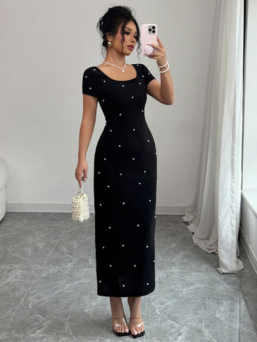 Square Neck Dress With Pearls _Black