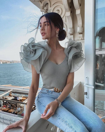 Flower Ribbed Top_ Grey
