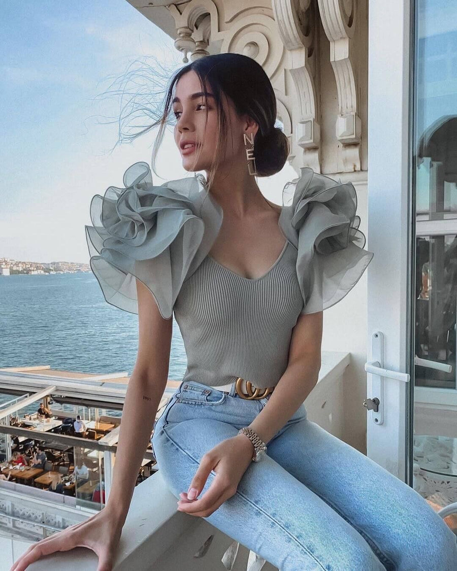 Flower Ribbed Top_ Grey