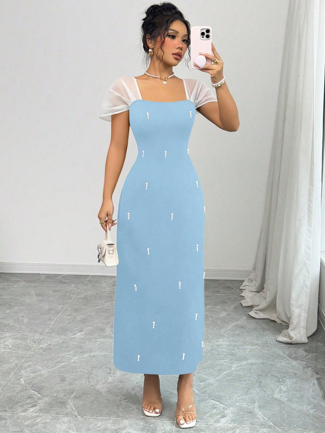 Square Neck Dress With Pearls _Dusty Blue