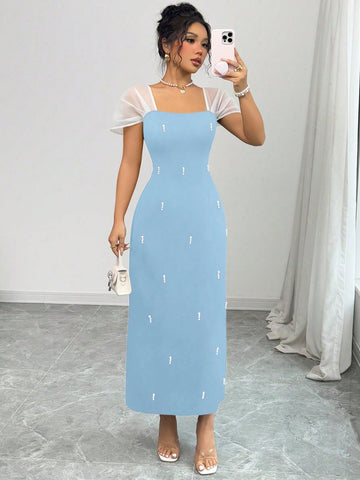 Square Neck Dress With Pearls _Dusty Blue