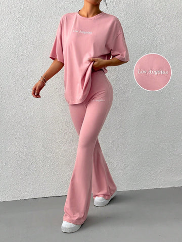 Baggy Tee With Bellbottom  Tracksuit_Pink