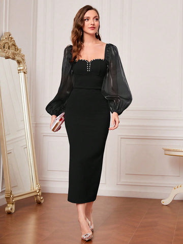 Mesh Lantern Sleeve Split Back Bodycon Dress_Black