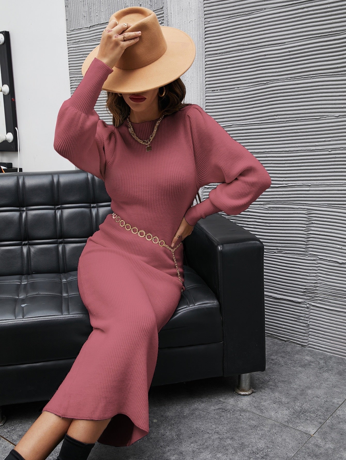 SOLID BISHOP SLEEVE BODYCON RIBBED DRESS _ Dusty Pink