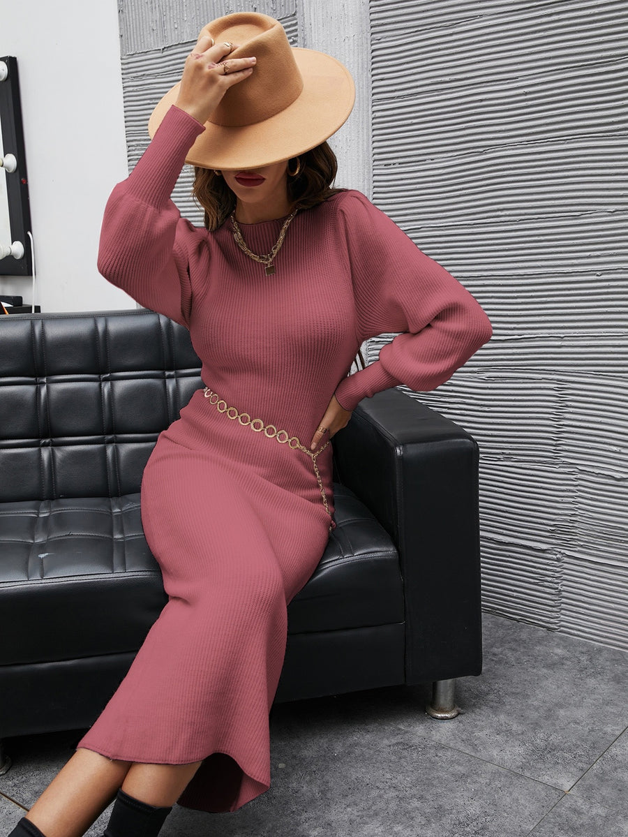 SOLID BISHOP SLEEVE BODYCON RIBBED DRESS _ Dusty Pink