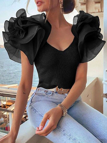 Flower Ribbed Top_ Black