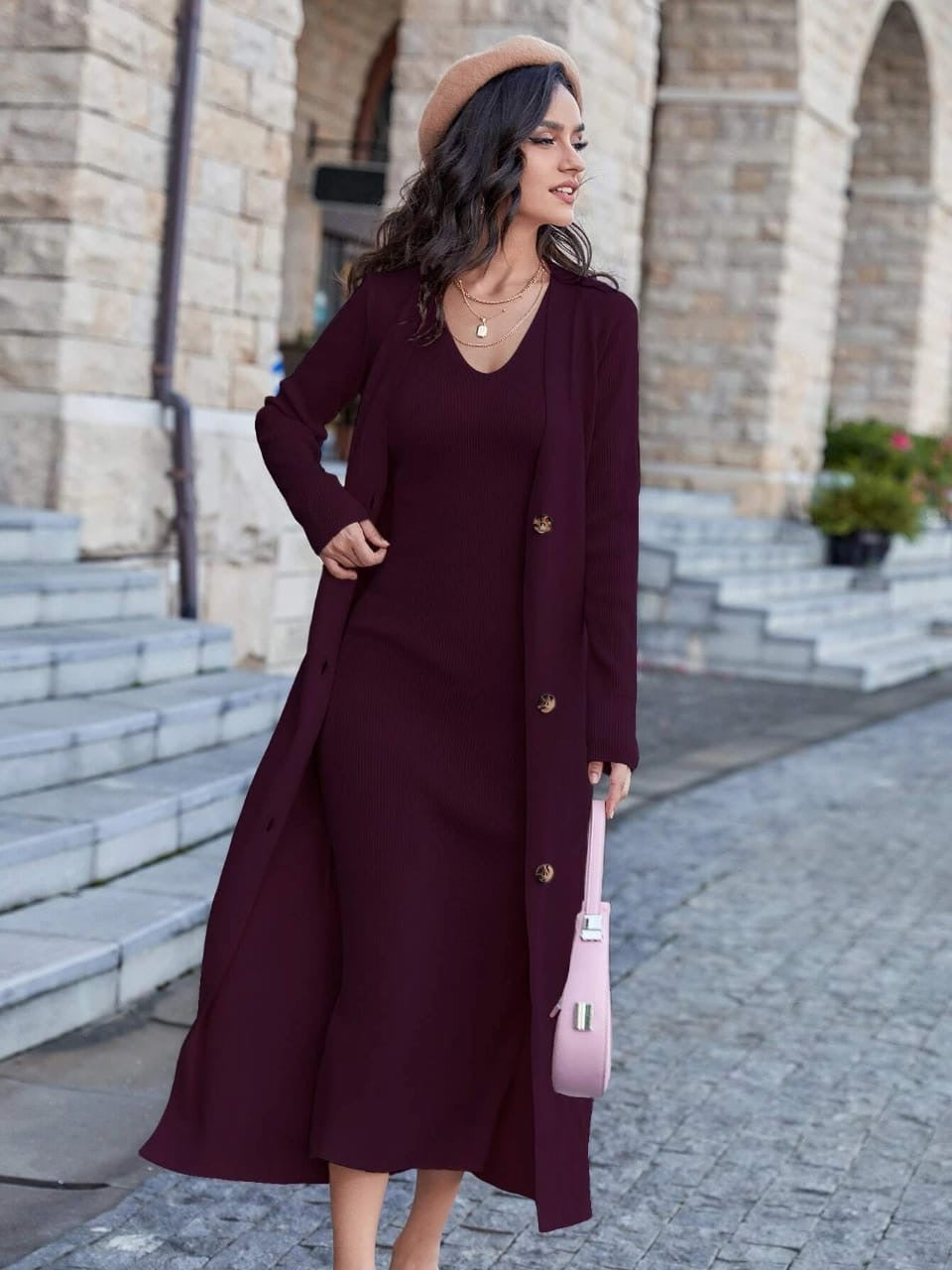 Modely Solid Sleeveless Sweater Dress & Button Front Cardigan -Magenda