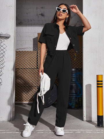 Corduroy Flap Pocket Blouse & Pants_ Black