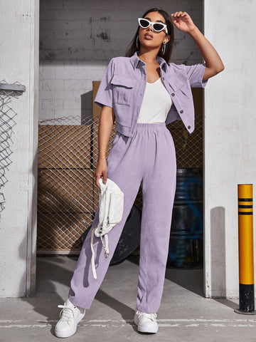 Corduroy Flap Pocket Blouse & Pants_ Lilac
