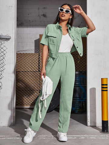Corduroy Flap Pocket Blouse & Pants_ Mint Green