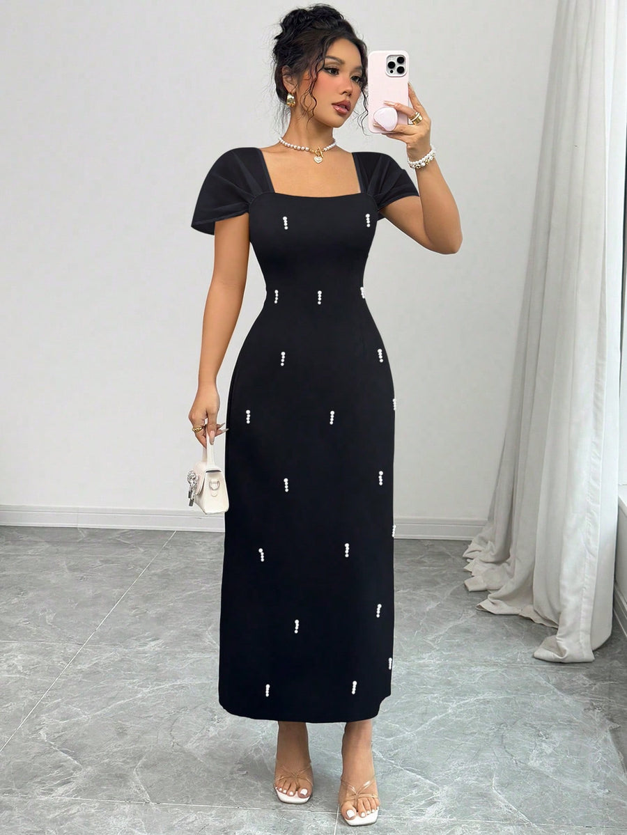 Square Neck Dress With Pearls _Black