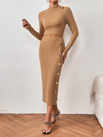 Golden Button Skirt and Shirt_ Camel