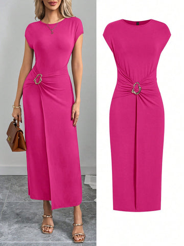 Metal Button Pleated Dress_Hot Pink