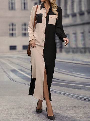 Two Tone Flap Pocket Shirt Dress_ Beige Black