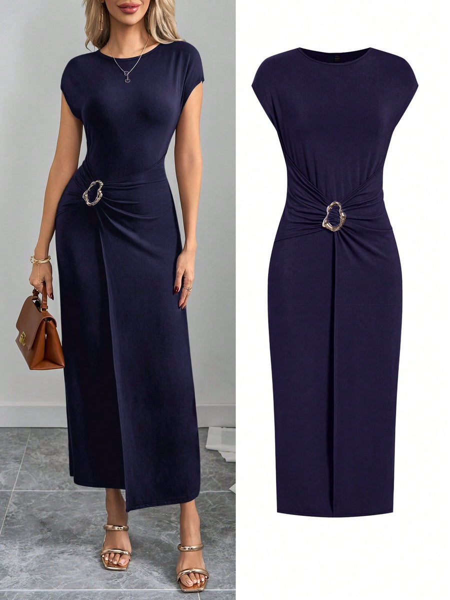 Metal Button Pleated Dress_Navy
