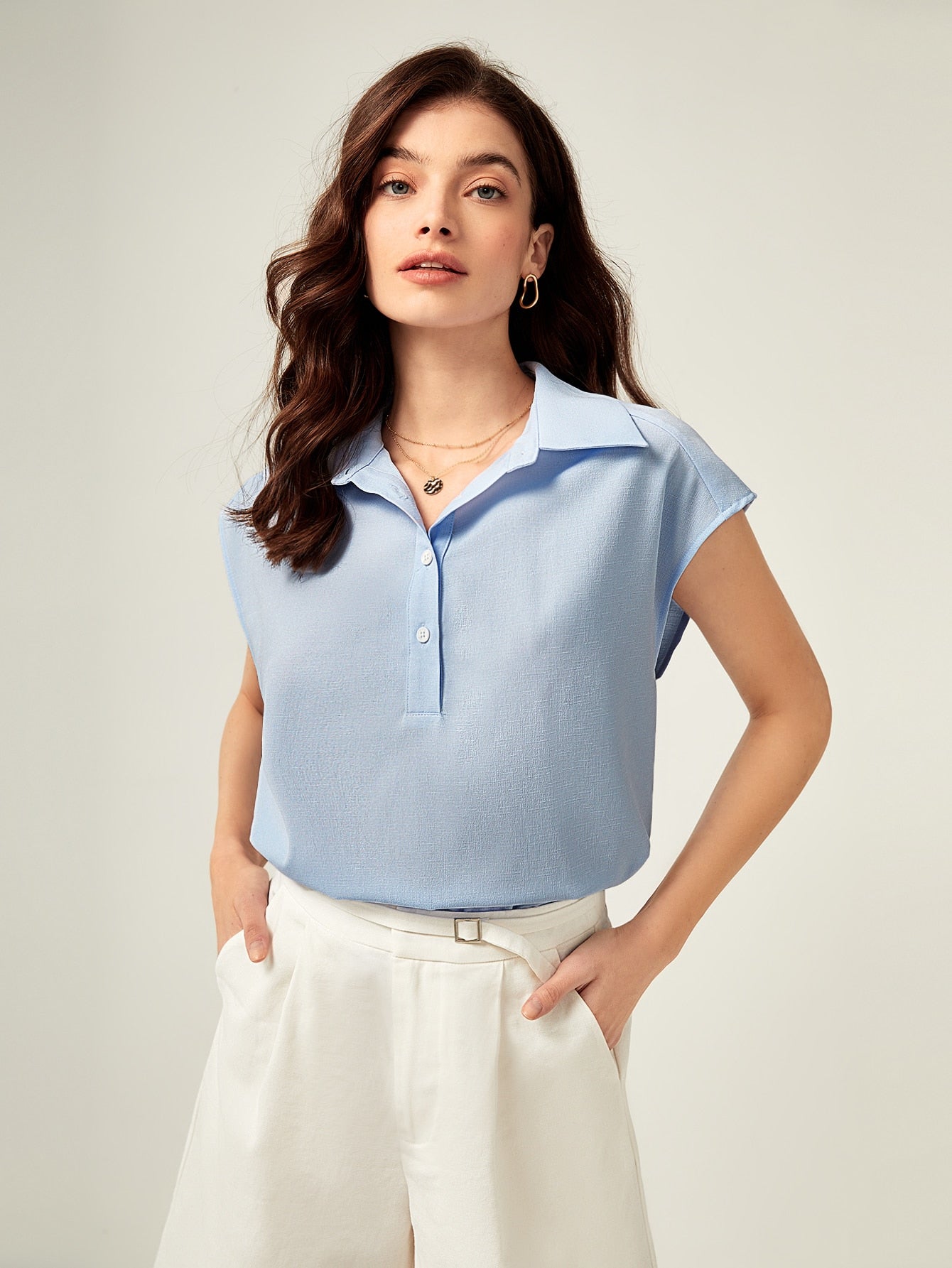 DROP SHOULDER SLEEVES BUTTON UP SHIRT_BLUE